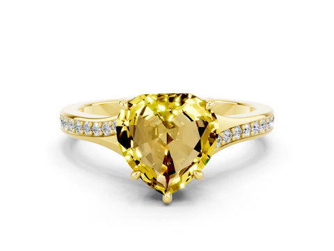 Yellow gold Heart Cut Yellow Sapphire Solitaire Ring with Pavé Band and Prong Setting