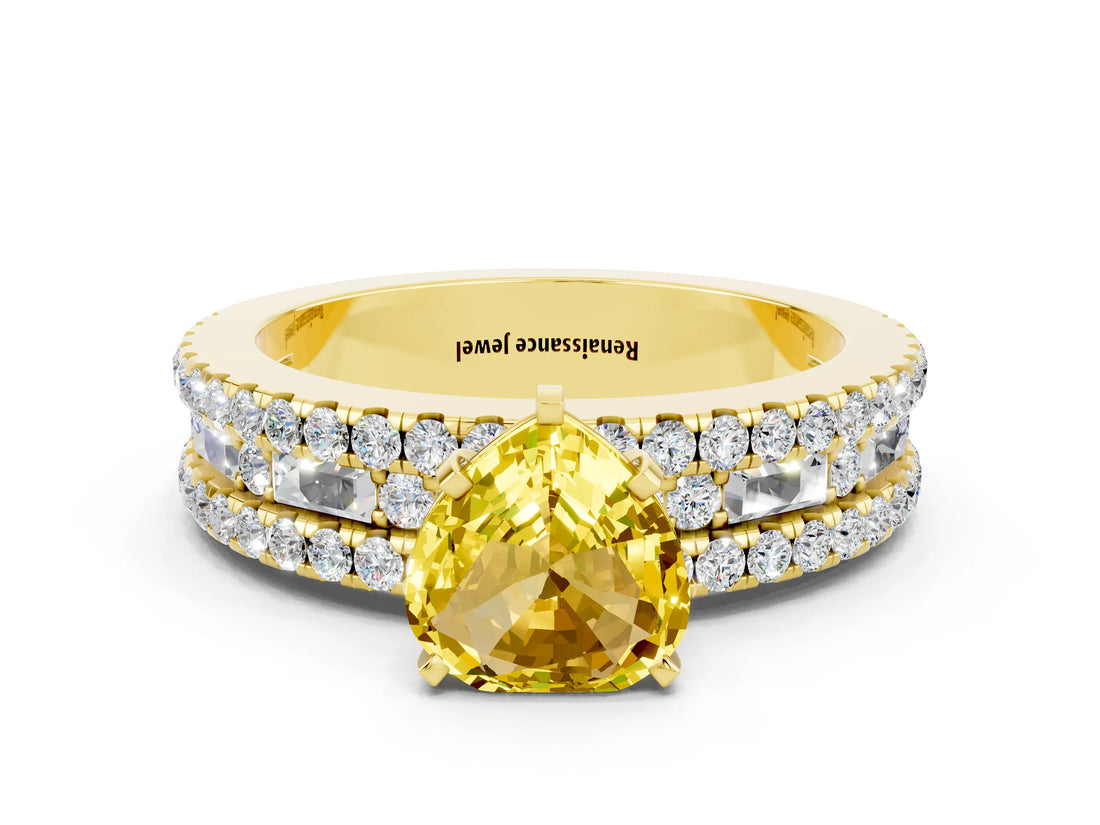 Yellow gold Heart Cut Yellow Sapphire Solitaire Ring with Pavé and Channel Set Band_24