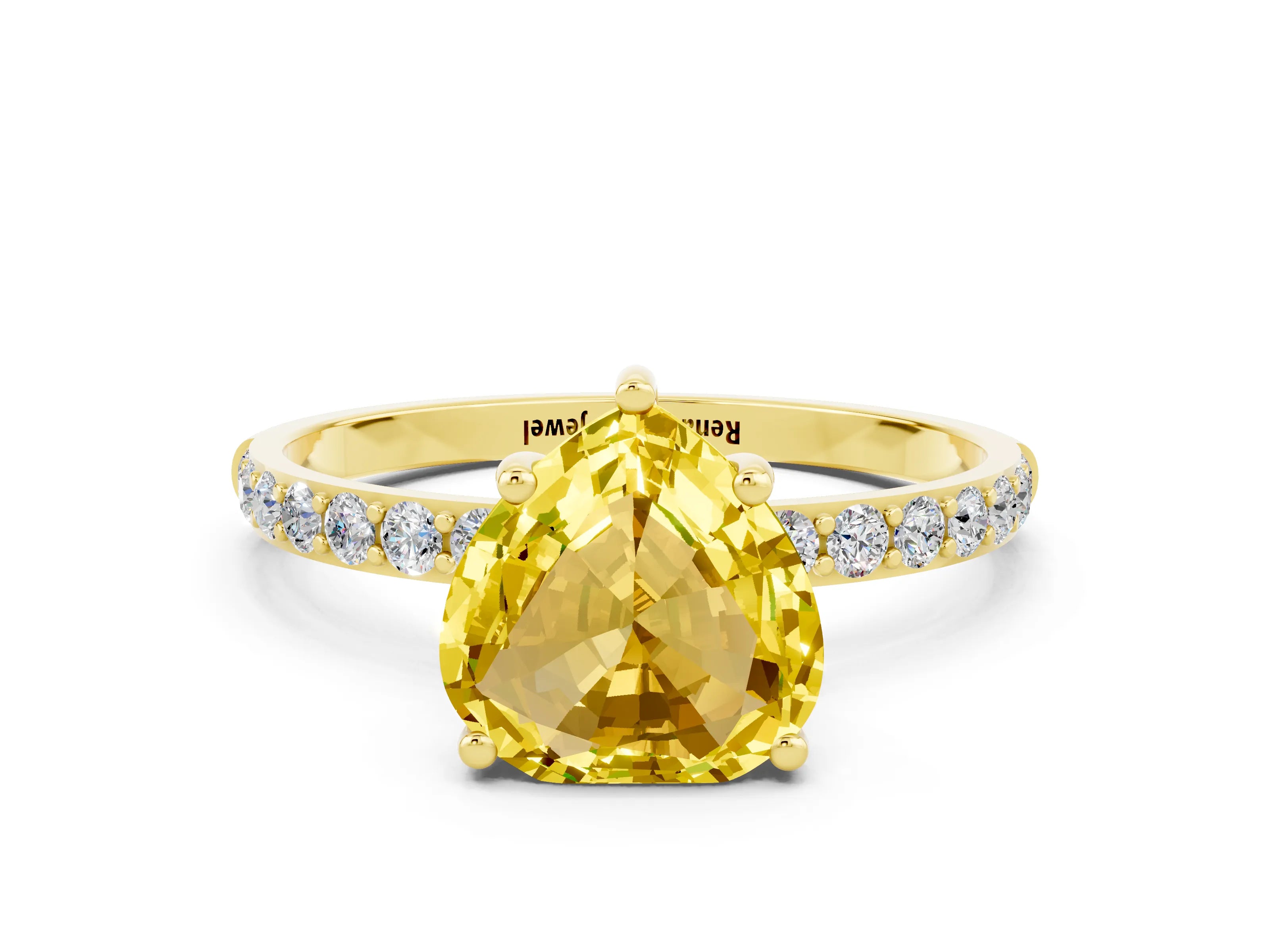 Yellow gold Heart Cut Yellow Sapphire Solitaire Ring with Pave Band and Four Prong Setting_48