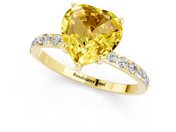 Yellow gold Heart Cut Yellow Sapphire Solitaire Ring with Round  Pavé Band and Prong Setting