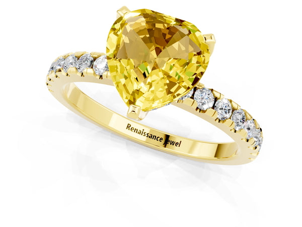 Yellow gold Heart Cut Yellow Sapphire Solitaire Ring with Round Pavé Band and Four-Prong Setting