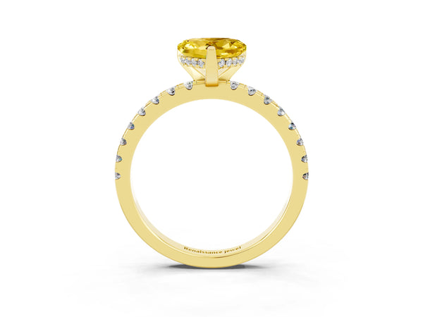 Yellow gold Heart Cut Yellow Sapphire Solitaire Ring with Round Pavé Band and Four-Prong Setting