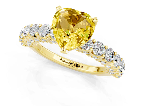 Yellow gold Heart Cut Yellow Sapphire Solitaire Ring with Shared Prong Pavé Band and Four-Prong Setting