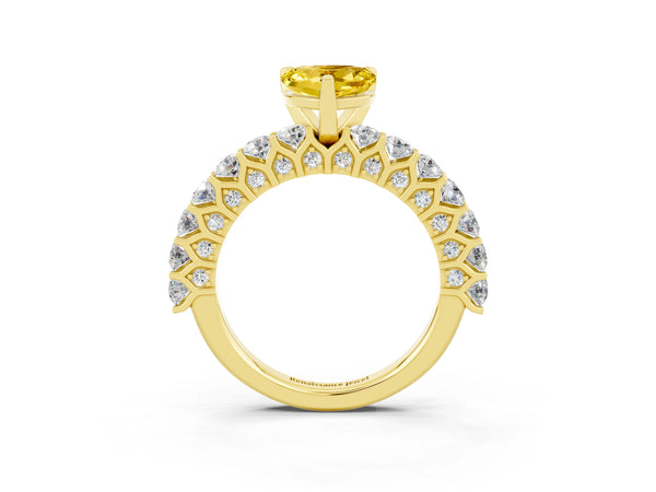 Yellow gold Heart Cut Yellow Sapphire Solitaire Ring with Shared Prong Pavé Band and Four-Prong Setting