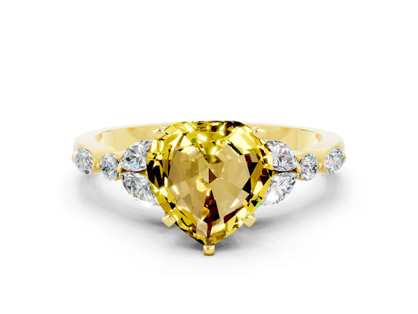 Yellow gold Heart Cut Yellow Sapphire Solitaire Ring with Side Stones and Four-Prong Setting