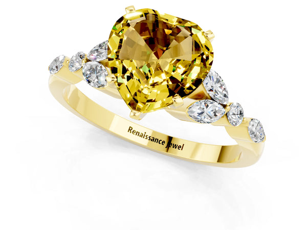 Yellow gold Heart Cut Yellow Sapphire Solitaire Ring with Side Stones and Four-Prong Setting