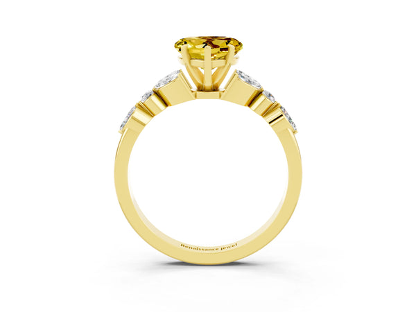 Yellow gold Heart Cut Yellow Sapphire Solitaire Ring with Side Stones and Four-Prong Setting
