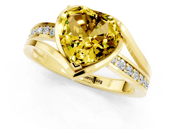 Yellow gold Heart Cut Yellow Sapphire Solitaire Ring with Split Shank and Prong Setting