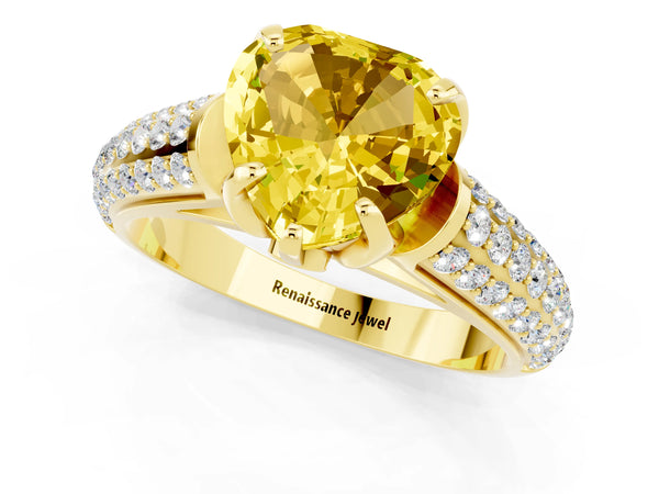 Yellow gold Heart Cut Yellow Sapphire Solitaire Ring with Three-Row Pavé Band and Four-Prong Setting
