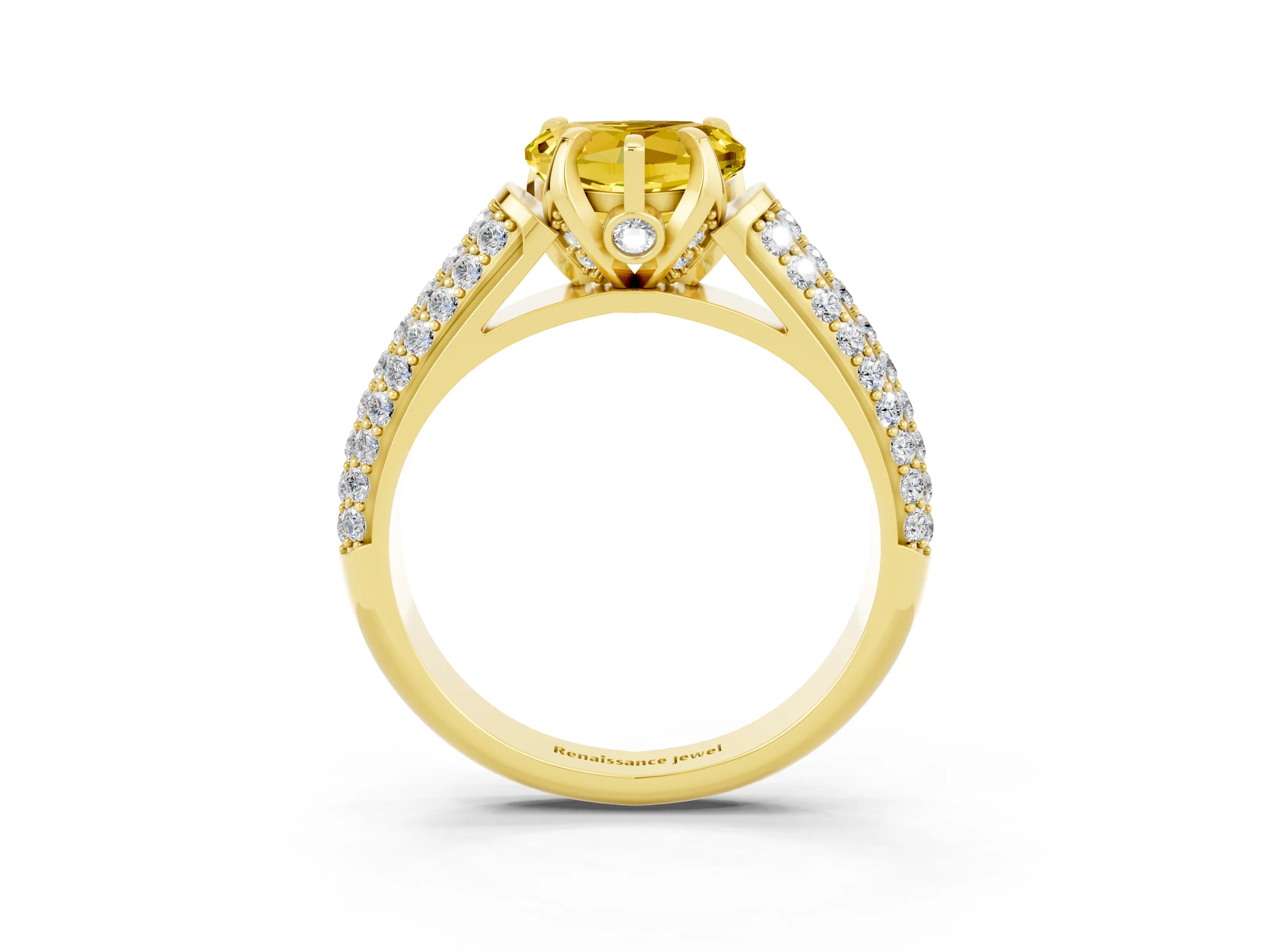 Yellow gold Heart Cut Yellow Sapphire Solitaire Ring with Three-Row Pavé Band and Four-Prong Setting_15