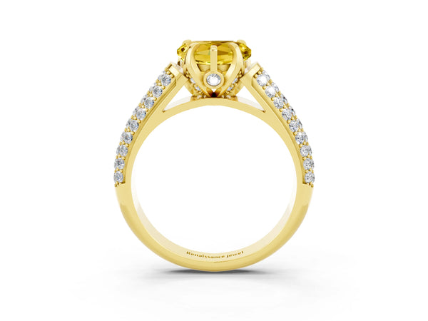 Yellow gold Heart Cut Yellow Sapphire Solitaire Ring with Three-Row Pavé Band and Four-Prong Setting
