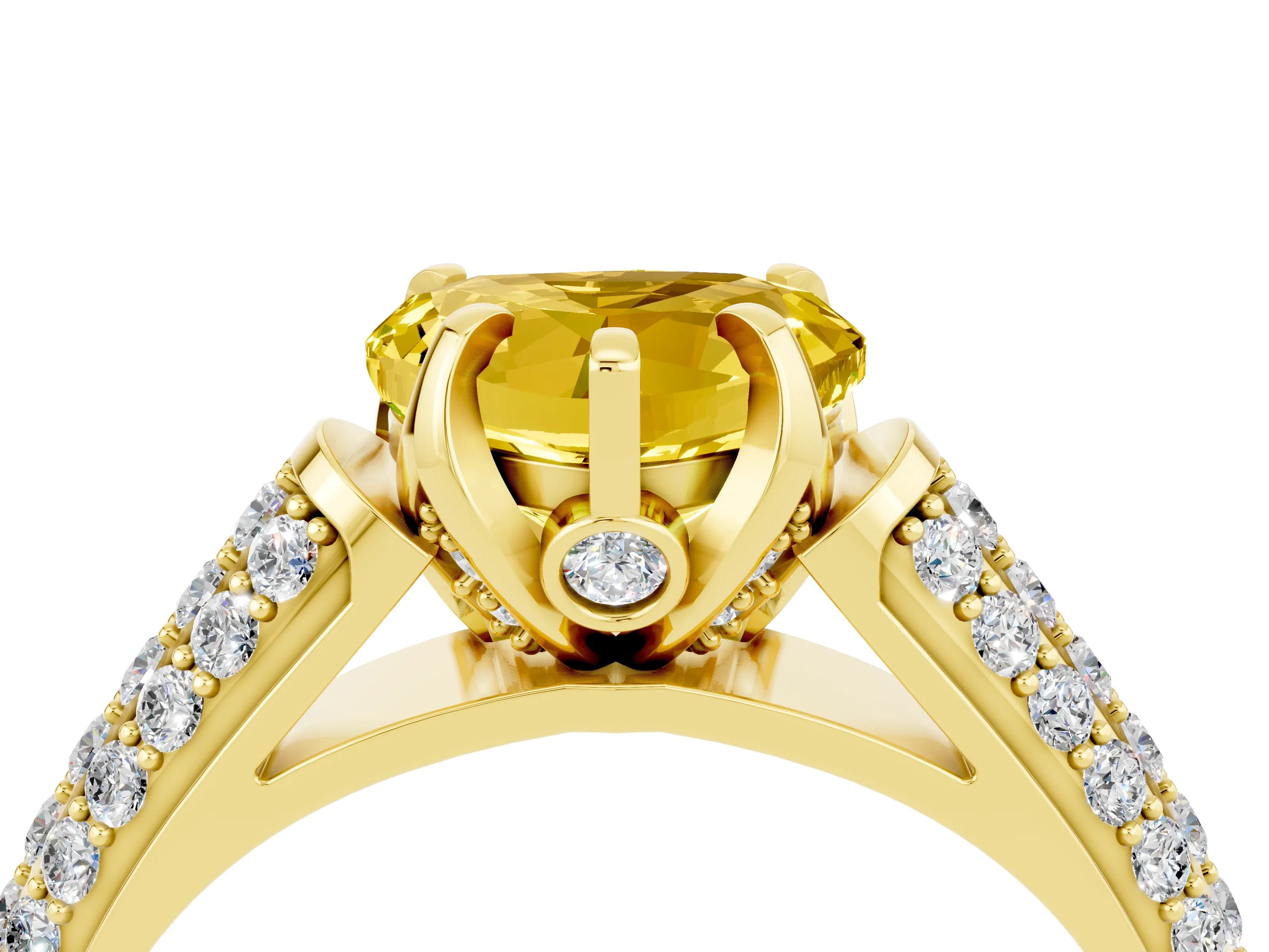 Yellow gold Heart Cut Yellow Sapphire Solitaire Ring with Three-Row Pavé Band and Four-Prong Setting_16