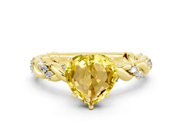 Yellow gold Heart Cut Yellow Sapphire Solitaire Ring with Twisted Band and Pavé Accents