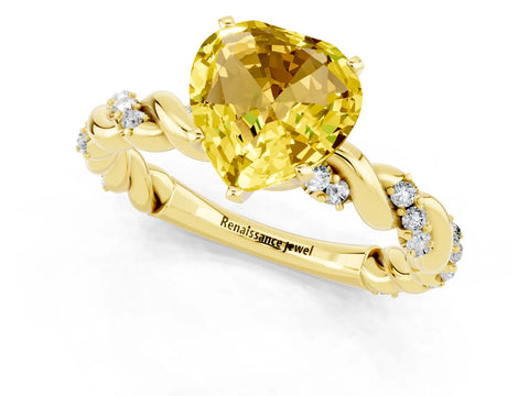 Yellow gold Heart Cut Yellow Sapphire Solitaire Ring with Twisted Band and Pavé Accents_1