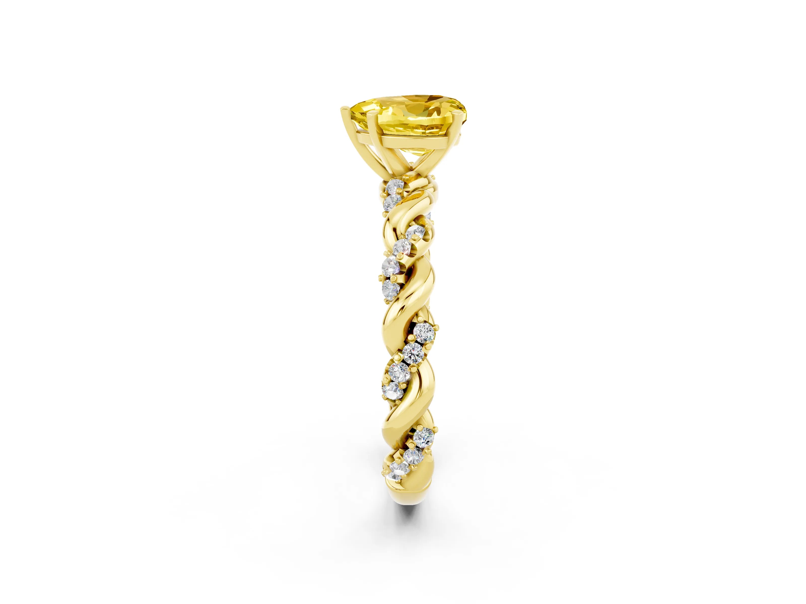 Yellow gold Heart Cut Yellow Sapphire Solitaire Ring with Twisted Band and Pavé Accents_2