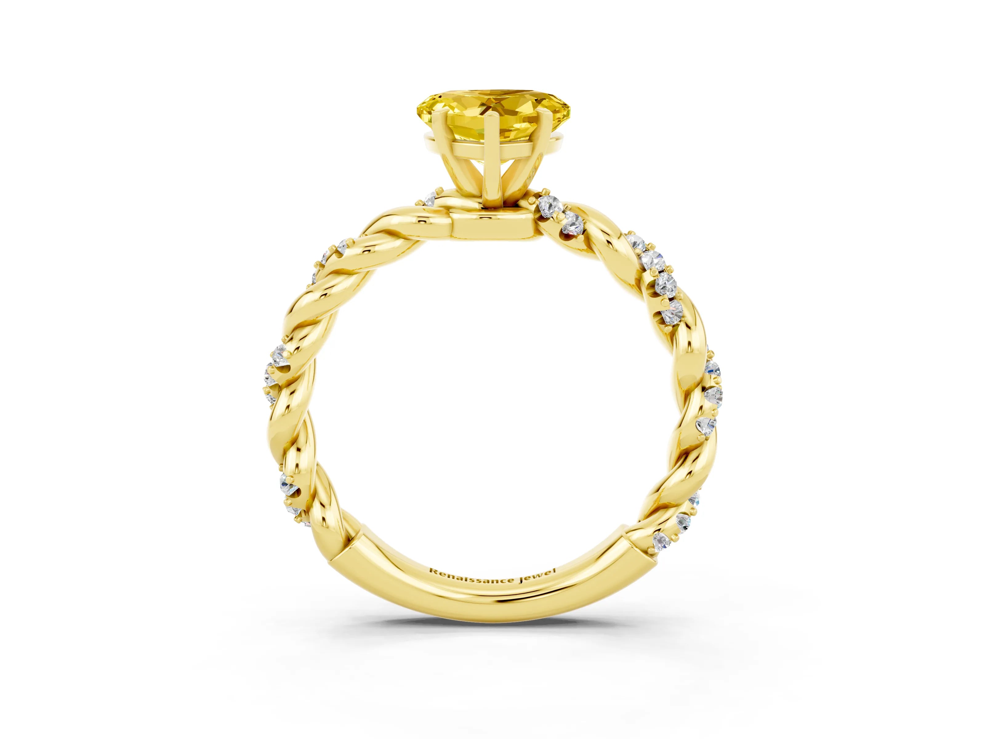Yellow gold Heart Cut Yellow Sapphire Solitaire Ring with Twisted Band and Pavé Accents_3