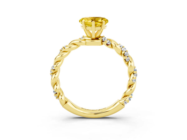 Yellow gold Heart Cut Yellow Sapphire Solitaire Ring with Twisted Band and Pavé Accents