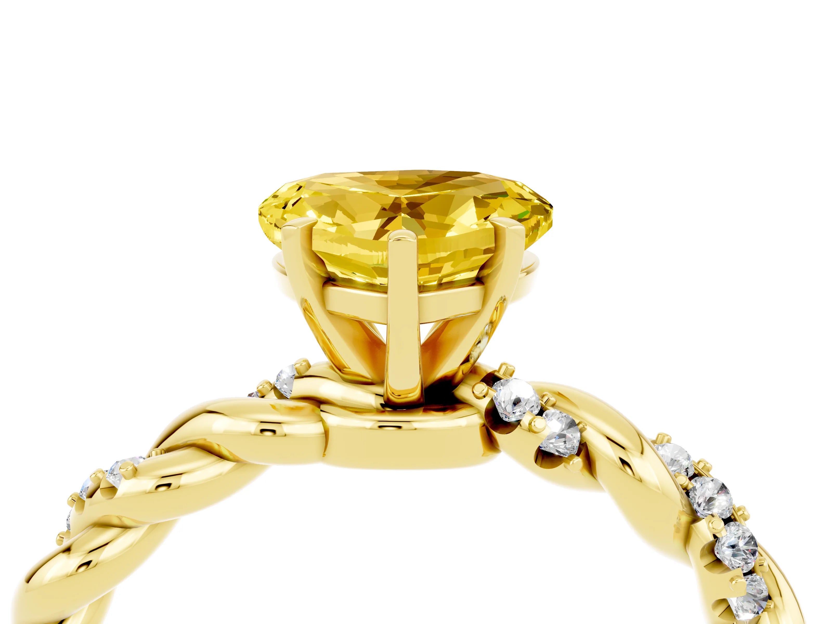 Yellow gold Heart Cut Yellow Sapphire Solitaire Ring with Twisted Band and Pavé Accents_4
