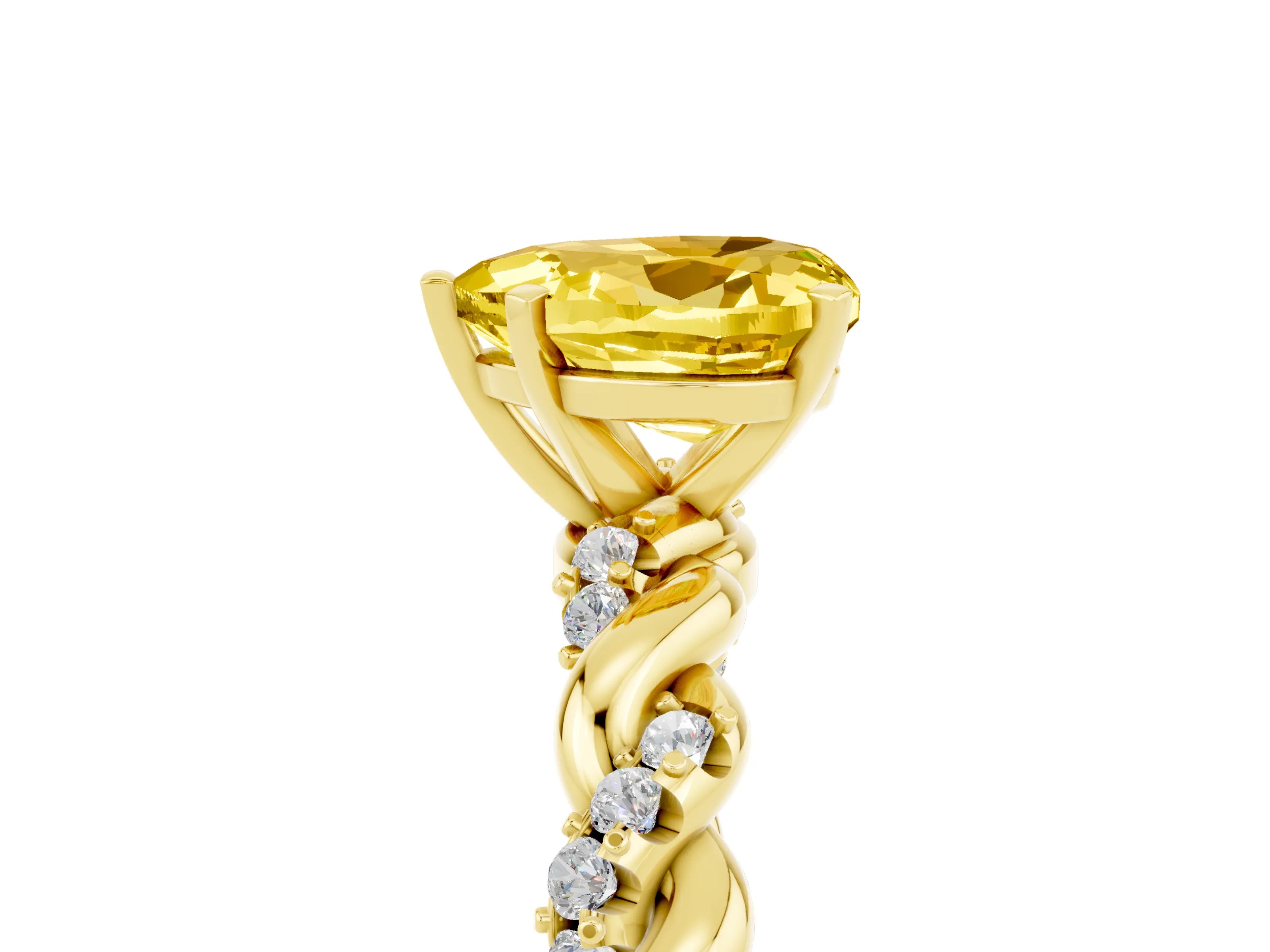 Yellow gold Heart Cut Yellow Sapphire Solitaire Ring with Twisted Band and Pavé Accents_5
