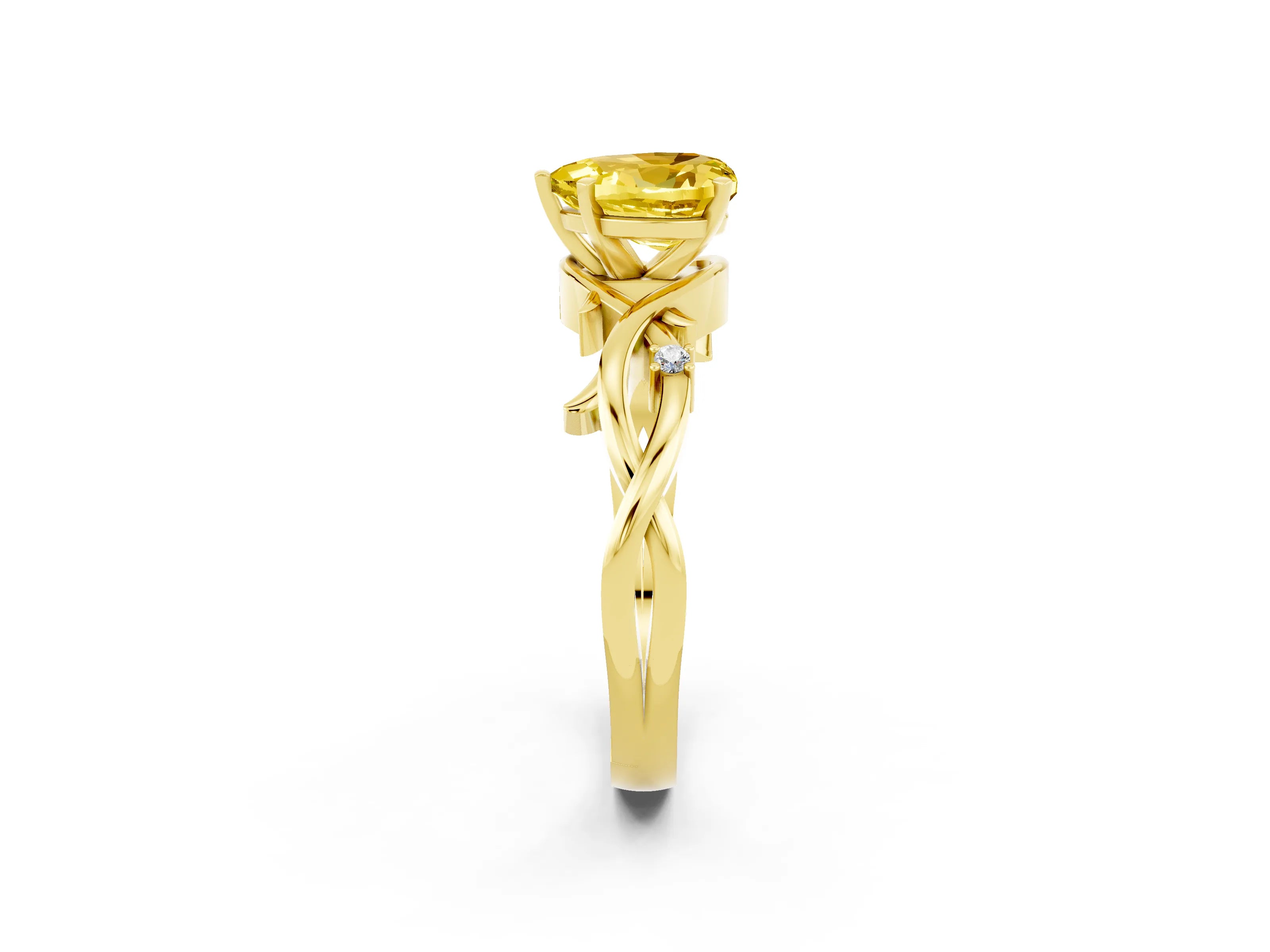 Yellow gold Heart Cut Yellow Sapphire Solitaire Ring with Twisted Band and Prong Setting_2