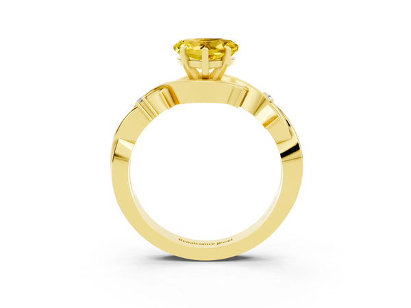 Yellow gold Heart Cut Yellow Sapphire Solitaire Ring with Twisted Band and Prong Setting