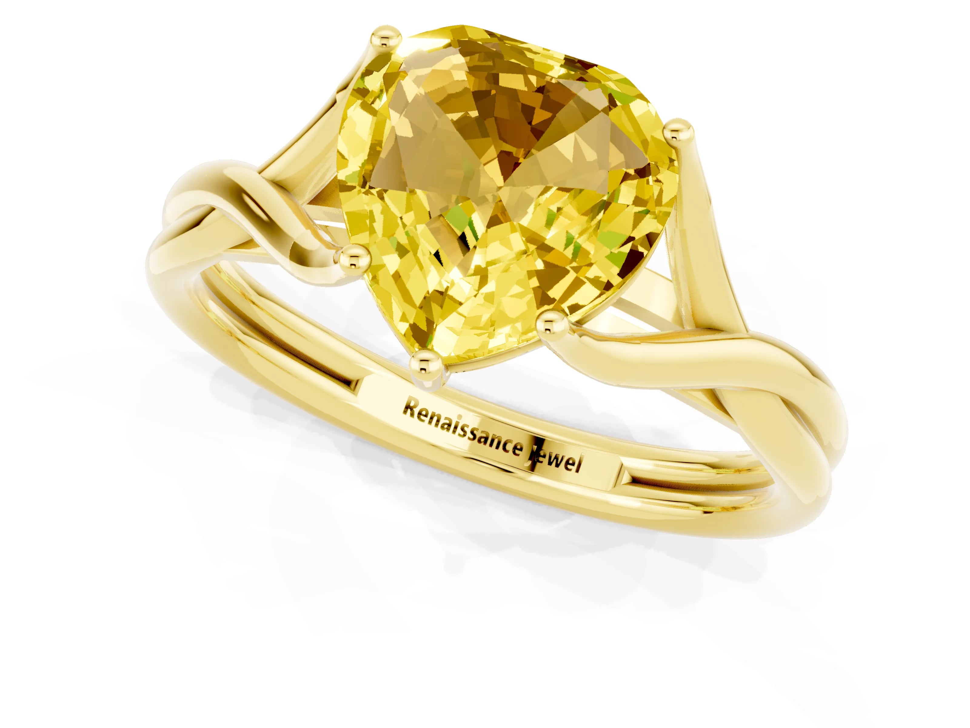 Yellow gold Heart Cut Yellow Sapphire Solitaire Twist Band Prong Setting Ring_85