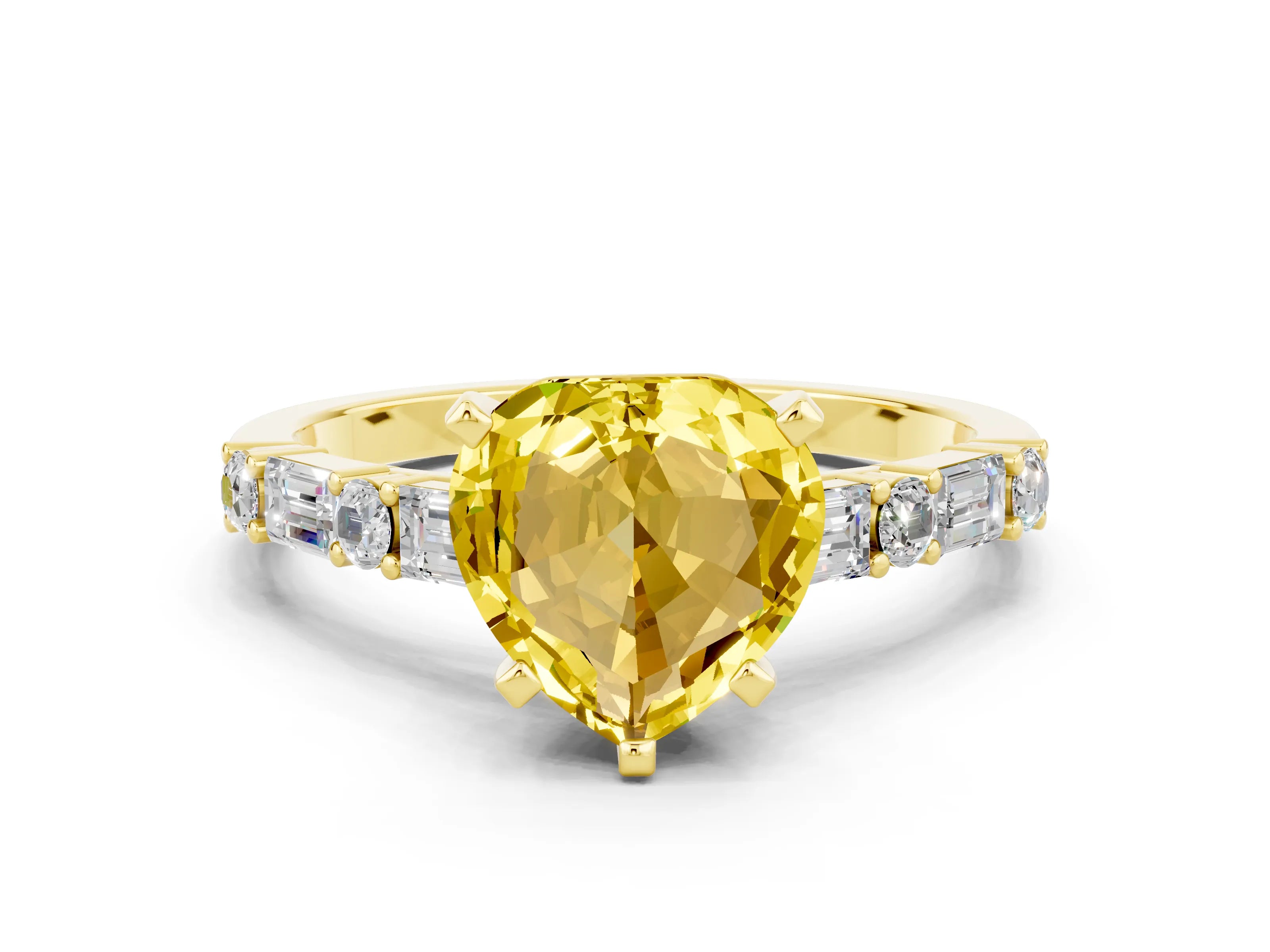 Yellow gold Heart Cut Yellow Sapphire Solitaire with Side Baguettes and Channel Set Band_24