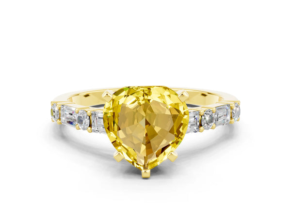 Yellow gold Heart Cut Yellow Sapphire Solitaire with Side Baguettes and Channel Set Band