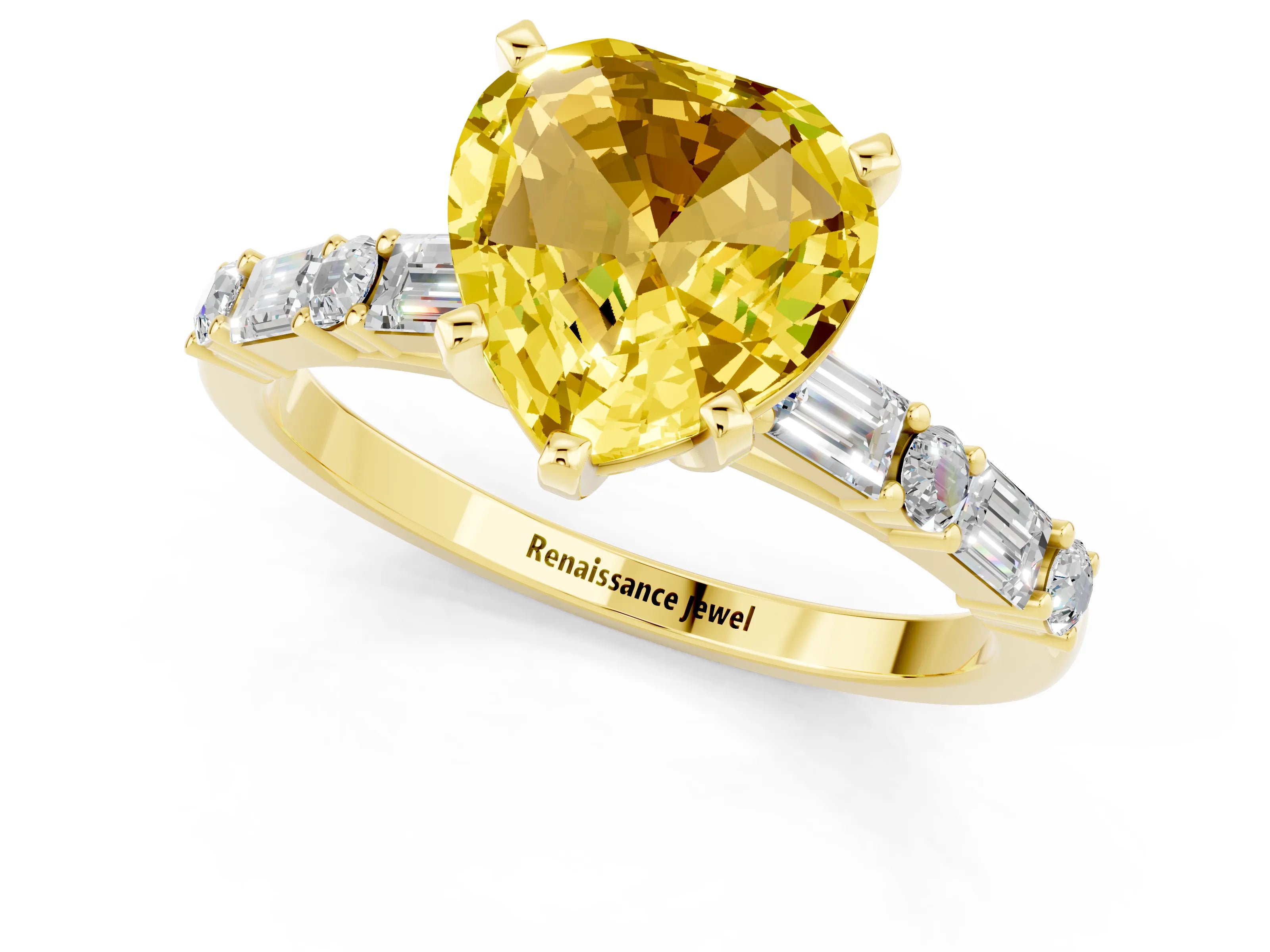 Yellow gold Heart Cut Yellow Sapphire Solitaire with Side Baguettes and Channel Set Band_25