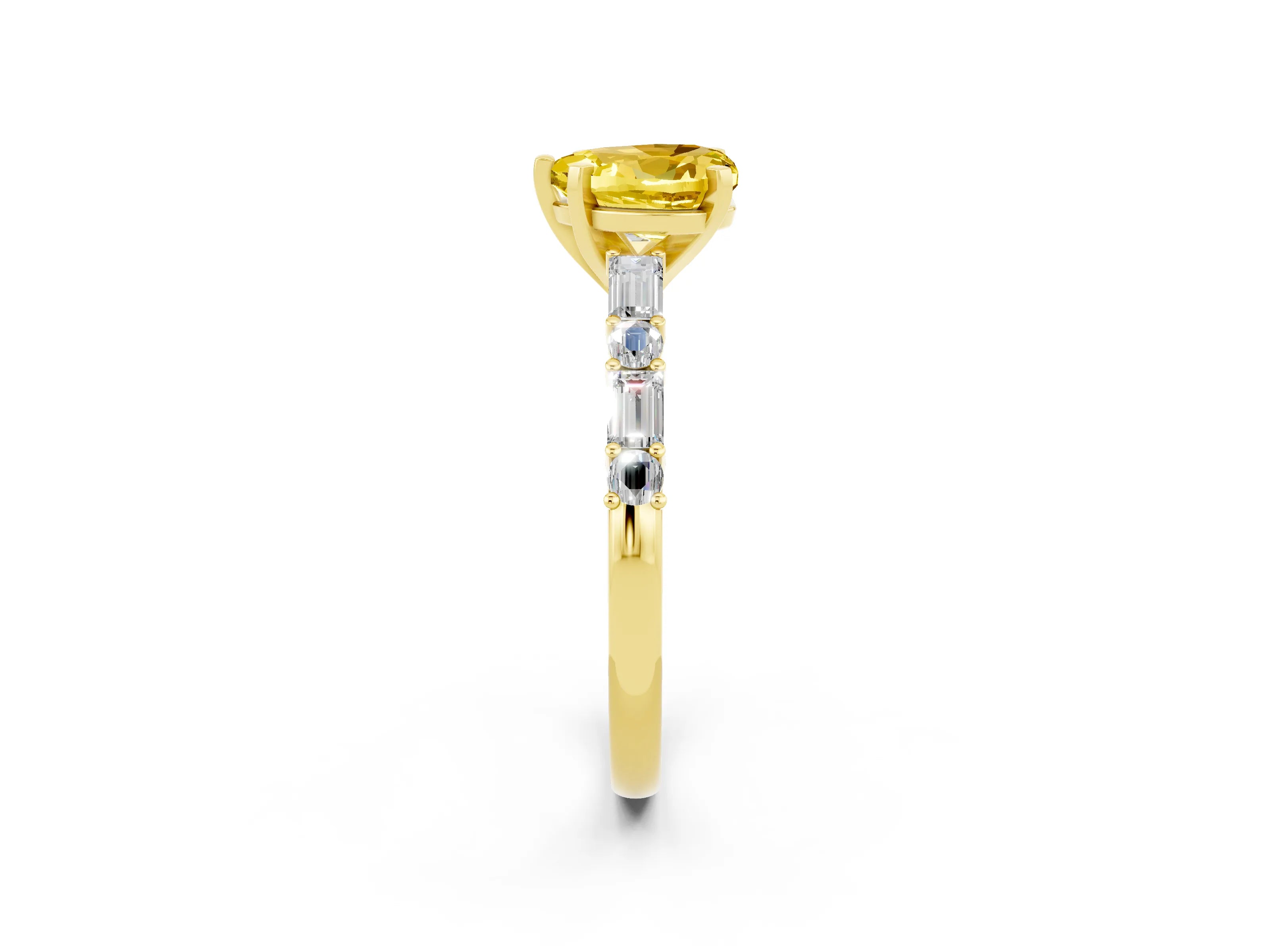 Yellow gold Heart Cut Yellow Sapphire Solitaire with Side Baguettes and Channel Set Band_26