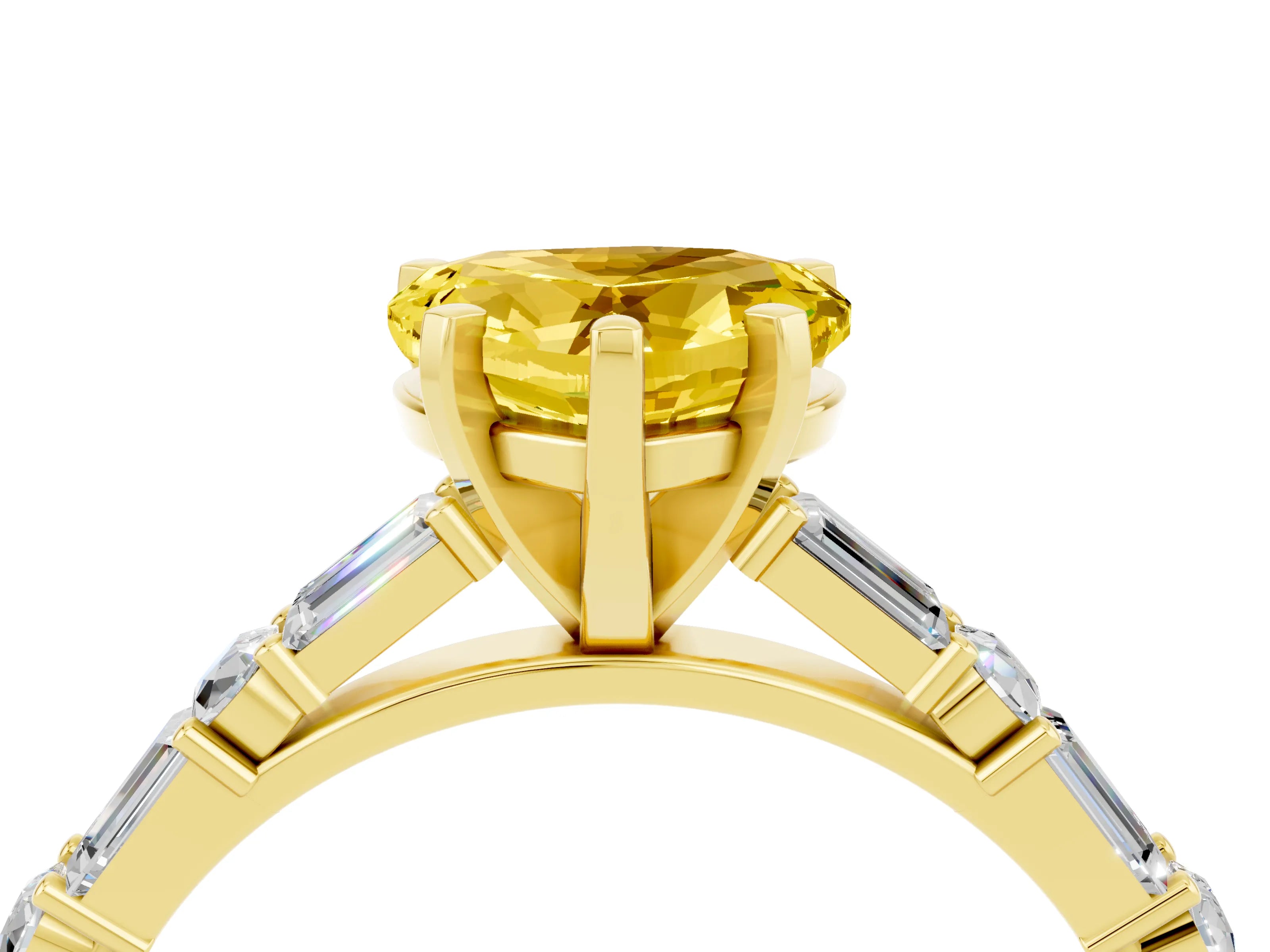 Yellow gold Heart Cut Yellow Sapphire Solitaire with Side Baguettes and Channel Set Band_28