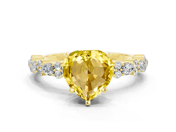 Yellow gold Heart Cut Yellow Sapphire Side Stone Solitaire Ring with Round  and Four-Prong Setting