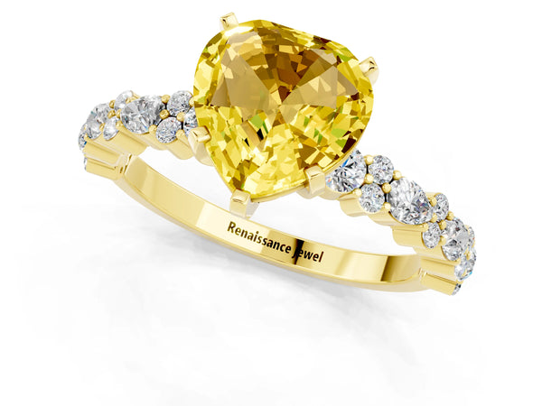 Yellow gold Heart Cut Yellow Sapphire Side Stone Solitaire Ring with Round  and Four-Prong Setting