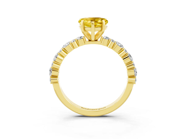 Yellow gold Heart Cut Yellow Sapphire Side Stone Solitaire Ring with Round  and Four-Prong Setting