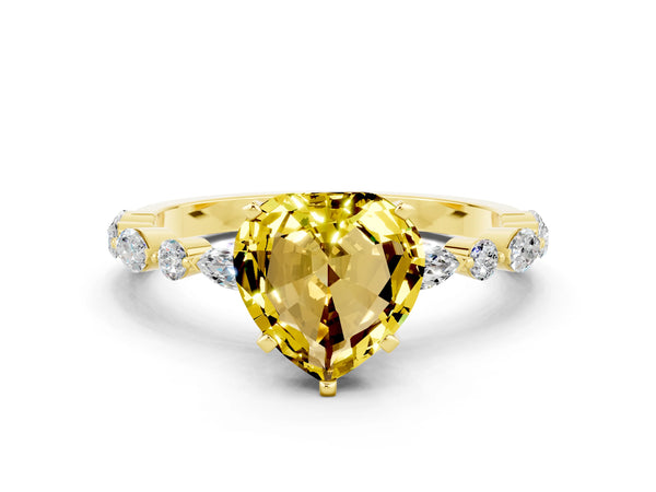 Yellow gold Heart Cut Yellow Sapphire Ring with Marquise and Round  Side Stones and Four-Prong Setting