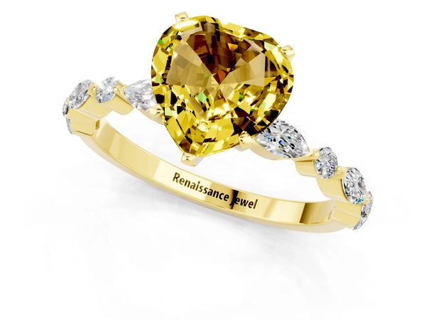 Yellow gold Heart Cut Yellow Sapphire Ring with Marquise and Round  Side Stones and Four-Prong Setting