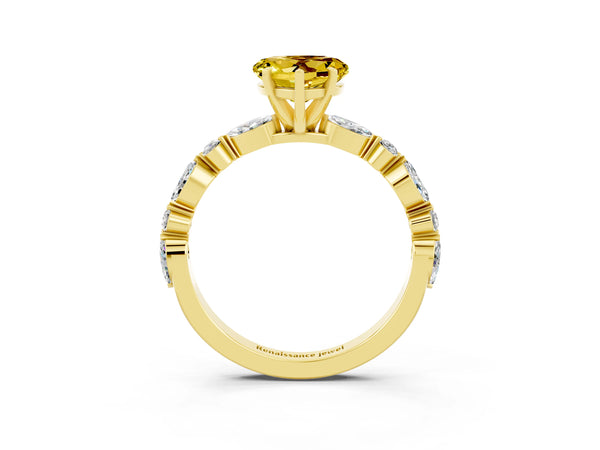 Yellow gold Heart Cut Yellow Sapphire Ring with Marquise and Round  Side Stones and Four-Prong Setting