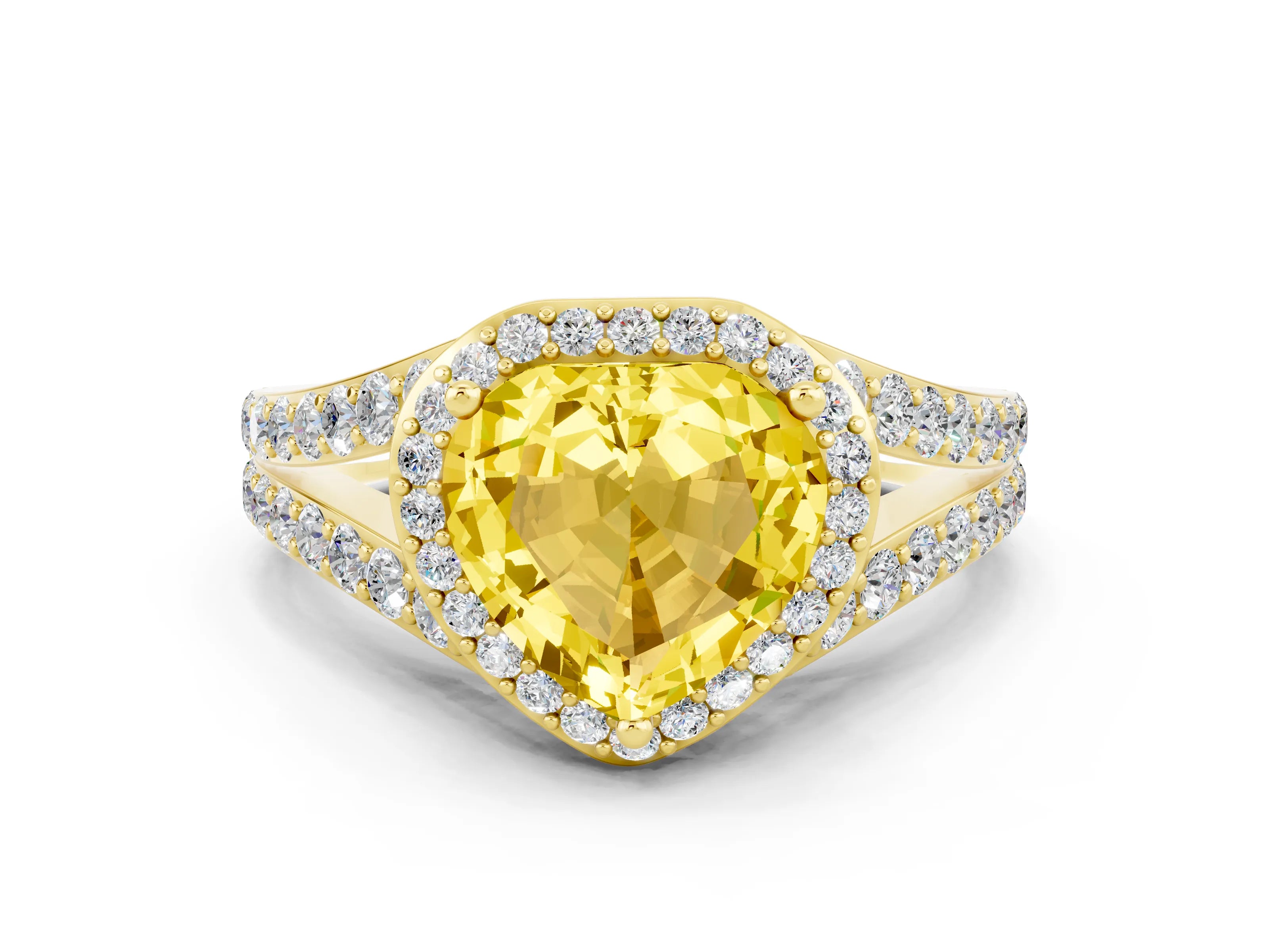 Yellow gold Heart Cut Yellow Sapphire Split Shank Halo Ring with Four-Prong Setting_12