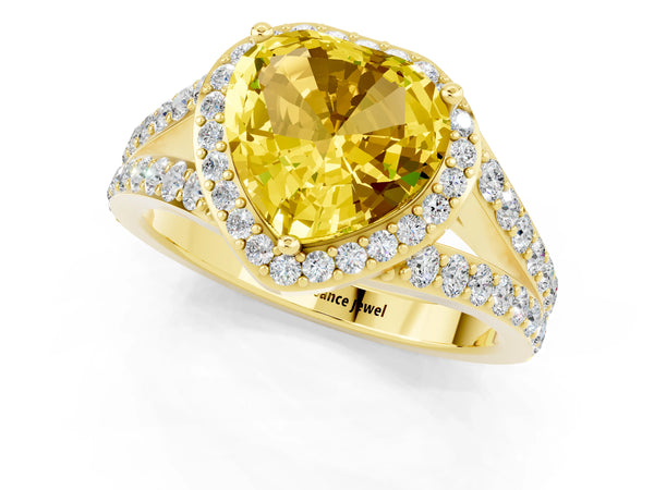 Yellow gold Heart Cut Yellow Sapphire Split Shank Halo Ring with Four-Prong Setting