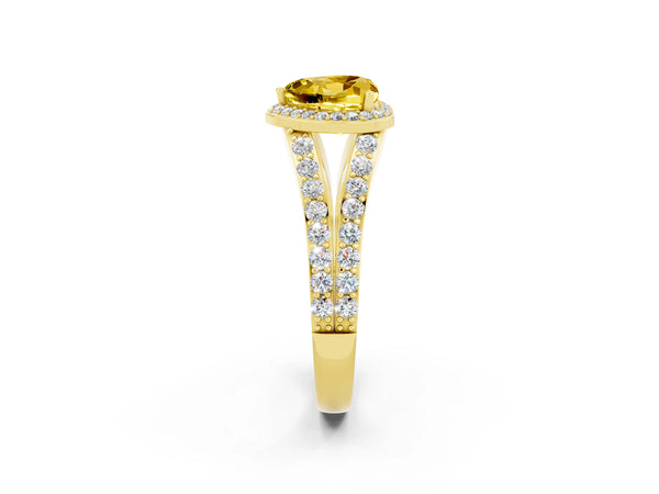 Yellow gold Heart Cut Yellow Sapphire Split Shank Halo Ring with Four-Prong Setting