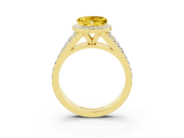 Yellow gold Heart Cut Yellow Sapphire Split Shank Halo Ring with Four-Prong Setting