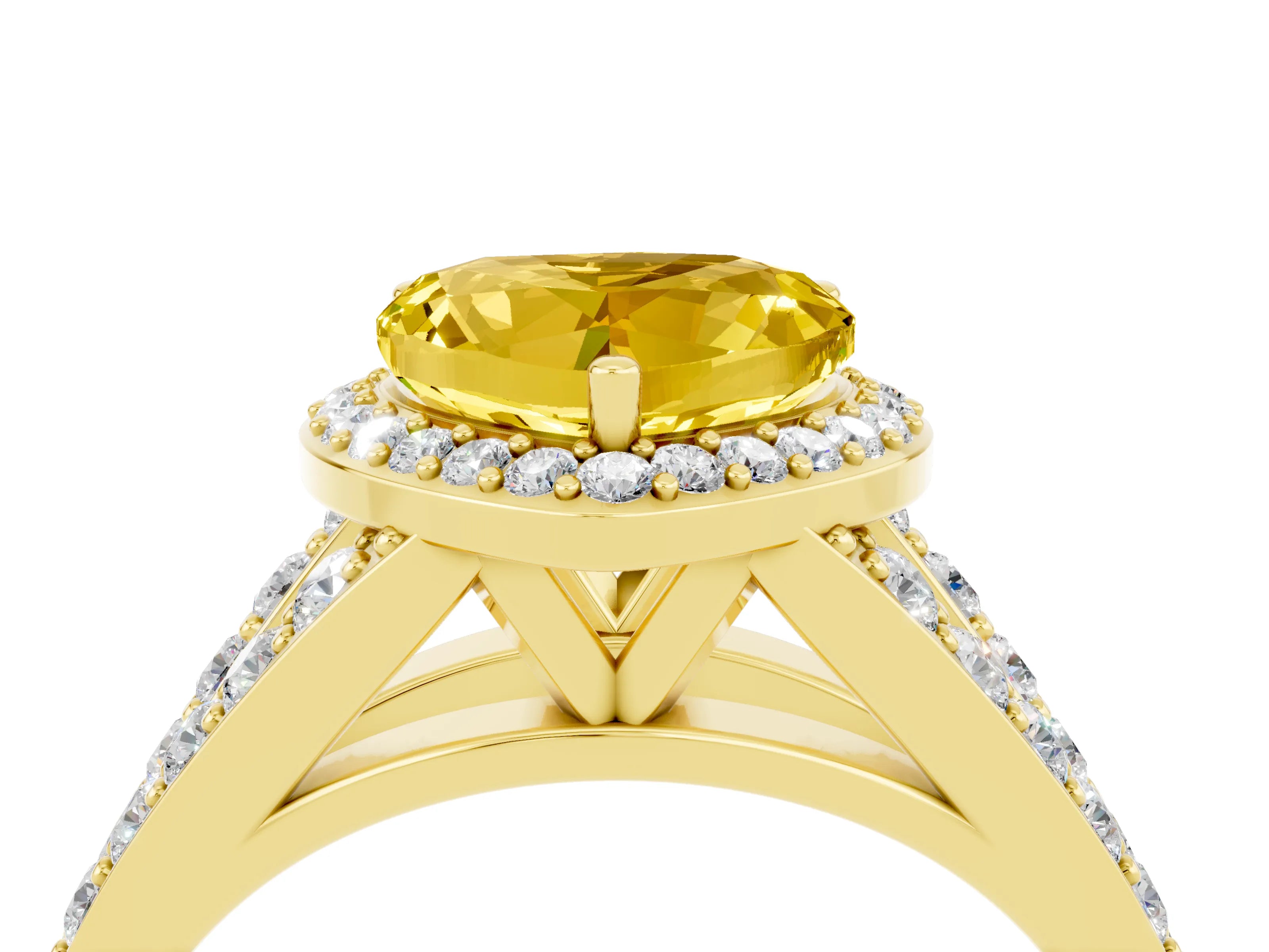 Yellow gold Heart Cut Yellow Sapphire Split Shank Halo Ring with Four-Prong Setting_16