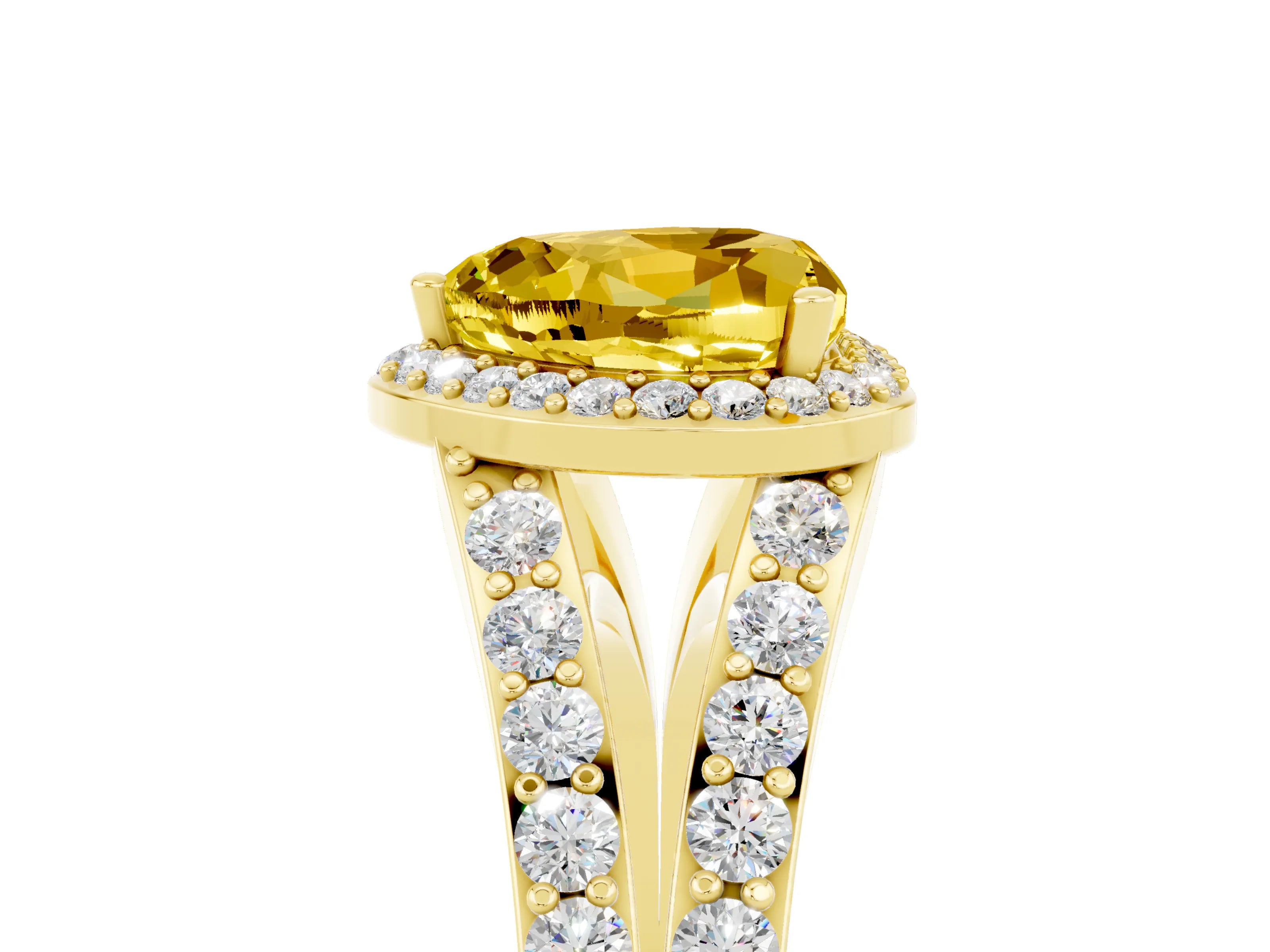 Yellow gold Heart Cut Yellow Sapphire Split Shank Halo Ring with Four-Prong Setting_17
