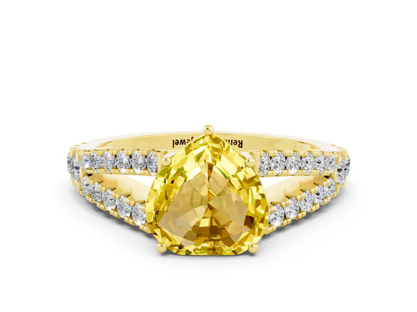 Yellow gold Heart Cut Yellow Sapphire Split Shank Pavé Engagement Ring with Four-Prong Setting