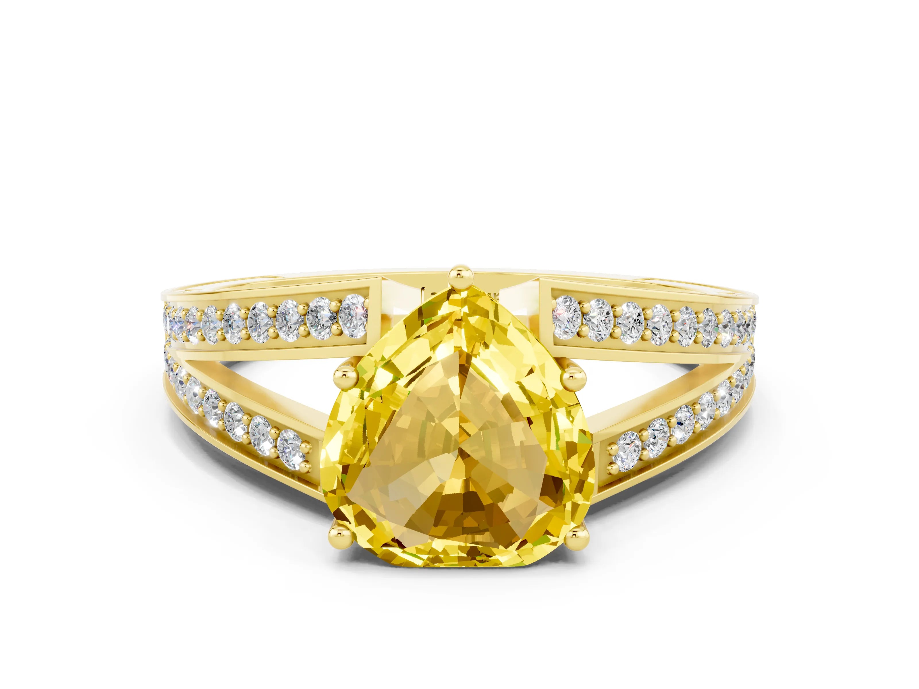 Yellow gold Heart Cut Yellow Sapphire Split Shank Ring with Pavé Band and Four-Prong Setting