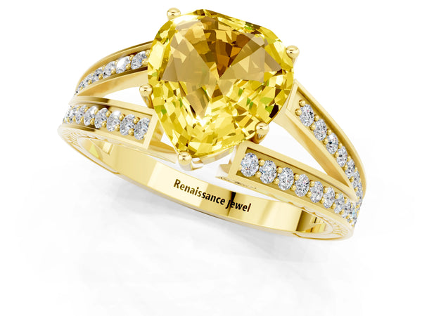 Yellow gold Heart Cut Yellow Sapphire Split Shank Ring with Pavé Band and Four-Prong Setting