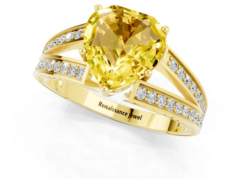 Yellow gold Heart Cut Yellow Sapphire Split Shank Ring with Pavé Band and Four-Prong Setting_1
