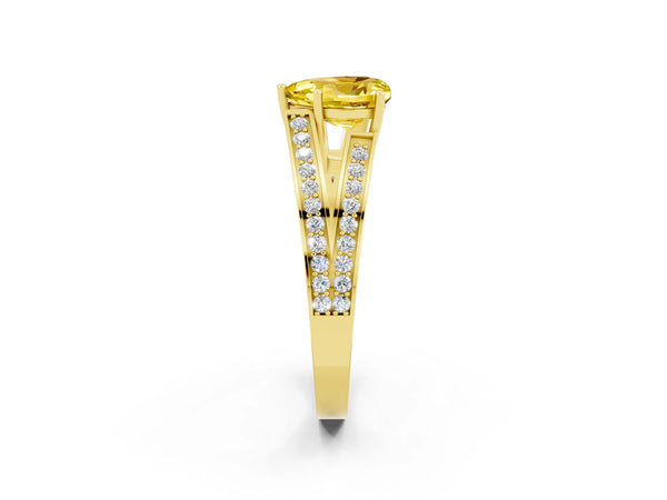 Yellow gold Heart Cut Yellow Sapphire Split Shank Ring with Pavé Band and Four-Prong Setting