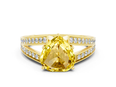 Yellow gold Heart Cut Yellow Sapphire Split Shank Ring with Pavé Band and Four-Prong Setting