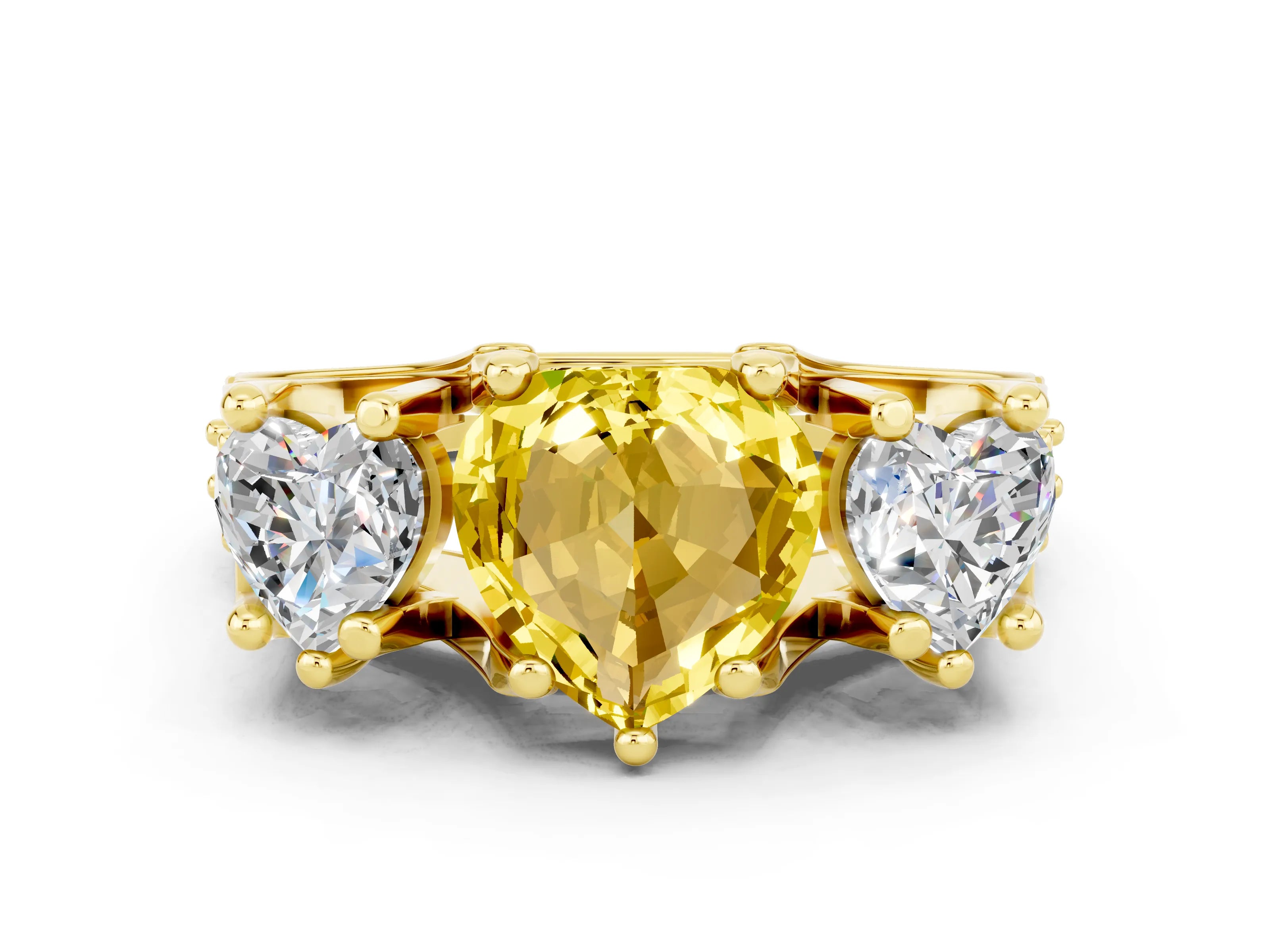 Yellow gold Heart Cut Yellow Sapphire Three-Stone Ring with Channel Set Band and Four-Prong Setting
